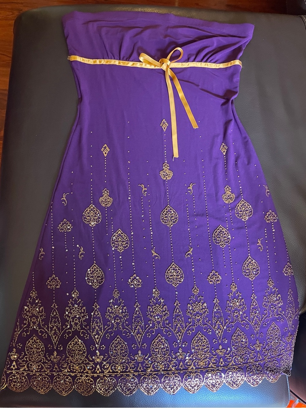 Strapless Purple Dress with Gold Trim and Embellishment